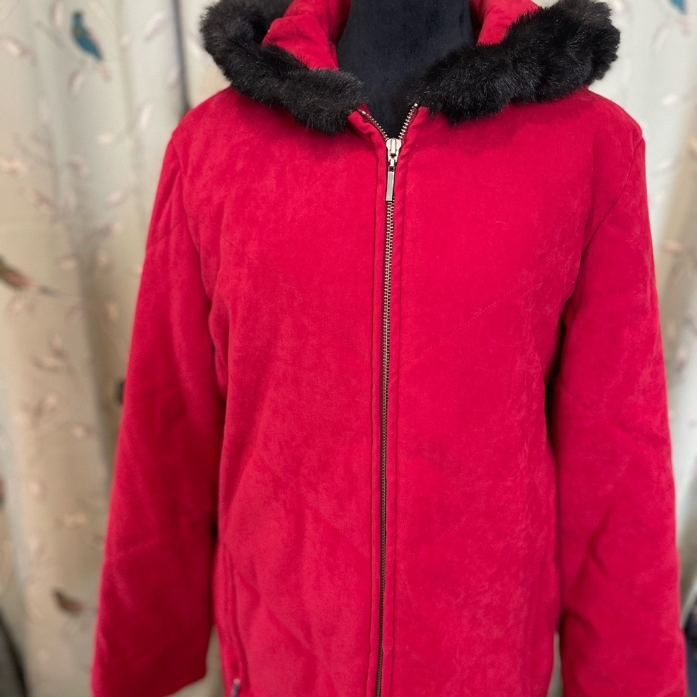 Women’s Jones New York Red Jacket large with Black Faux Fur Trim Hoilday